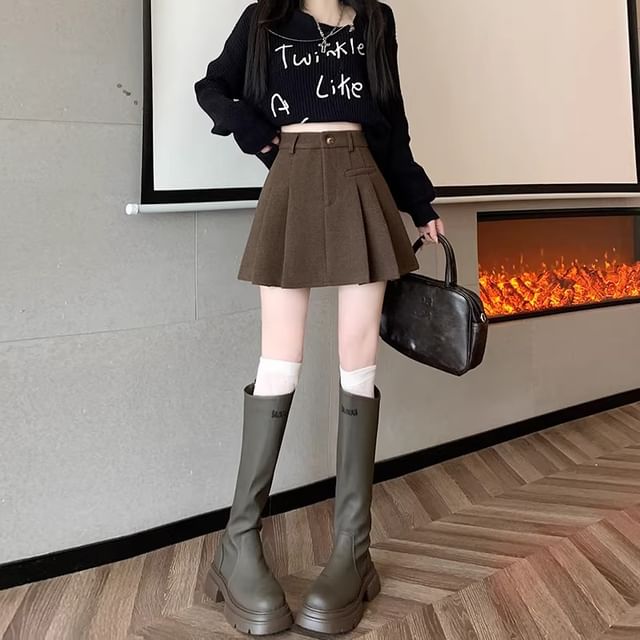 Pleated Mini A-Line Skirt High Waist Plain