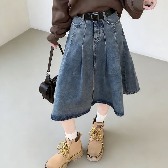 Washed Pleated Midi A-Line Denim Skirt High Waist