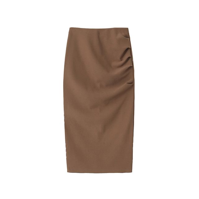 Ruched Slit Midi Pencil Skirt High Waist Plain