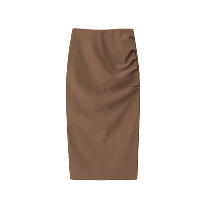 Ruched Slit Midi Pencil Skirt High Waist Plain