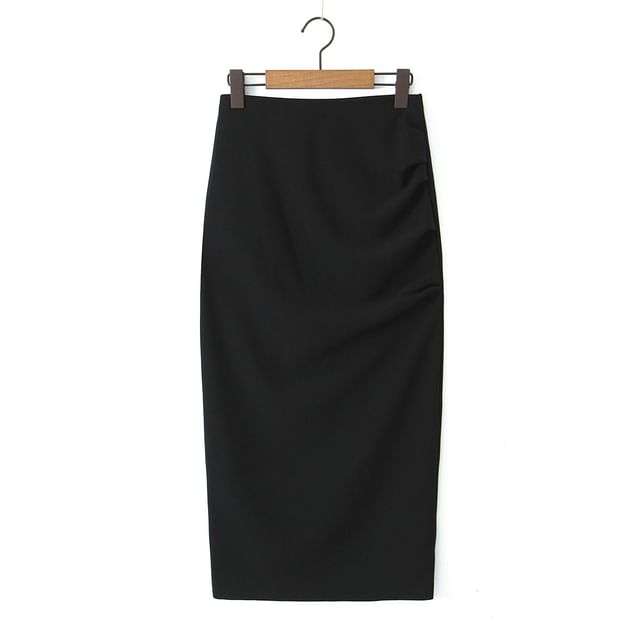 Ruched Slit Midi Pencil Skirt High Waist Plain