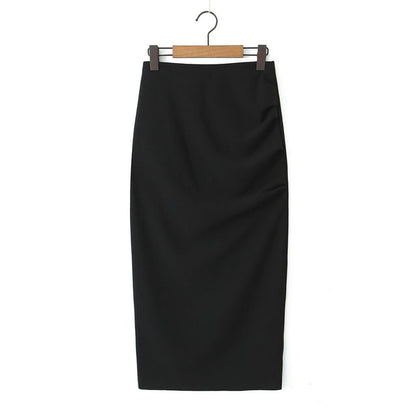 Ruched Slit Midi Pencil Skirt High Waist Plain