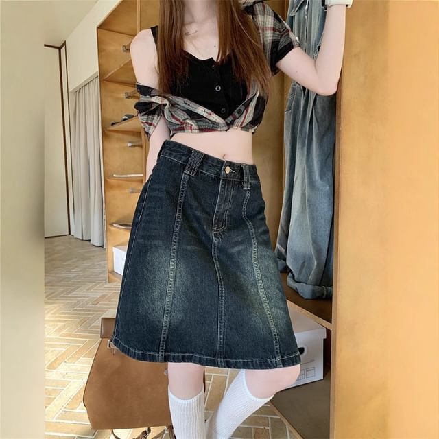 Washed Panel A-Line Denim Skirt Mid Rise
