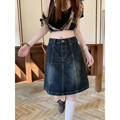 Washed Panel A-Line Denim Skirt Mid Rise