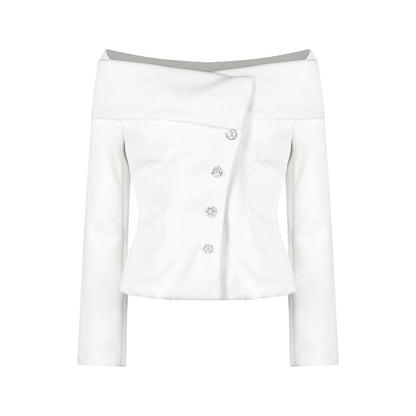 Off-Shoulder Button-Up Plain Crop Jacket / High Waist Mini Pencil Skirt