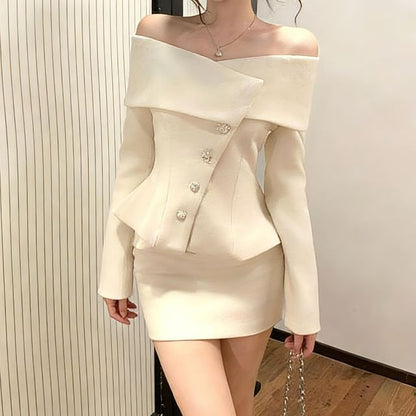 Off-Shoulder Button-Up Plain Crop Jacket / High Waist Mini Pencil Skirt