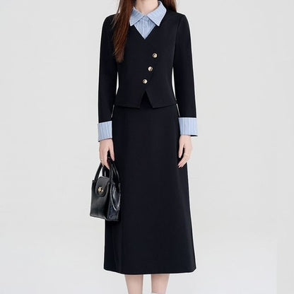 Striped Collared Blouse with Midi A-Line Skirt Set