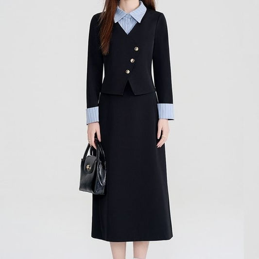 Striped Collared Blouse with Midi A-Line Skirt Set