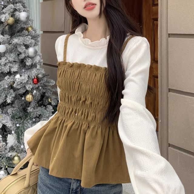 Two-Tone Frill Smocked Blouse with Stand Collar