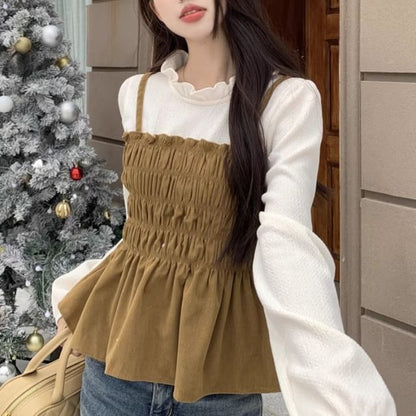 Two-Tone Frill Smocked Blouse with Stand Collar