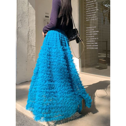 High Waist Plain Midi A-Line Ruffled Mesh Skirt