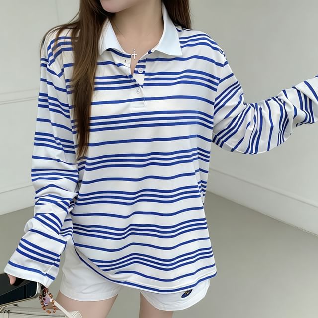 Striped Drop Shoulder Polo Long Sleeve