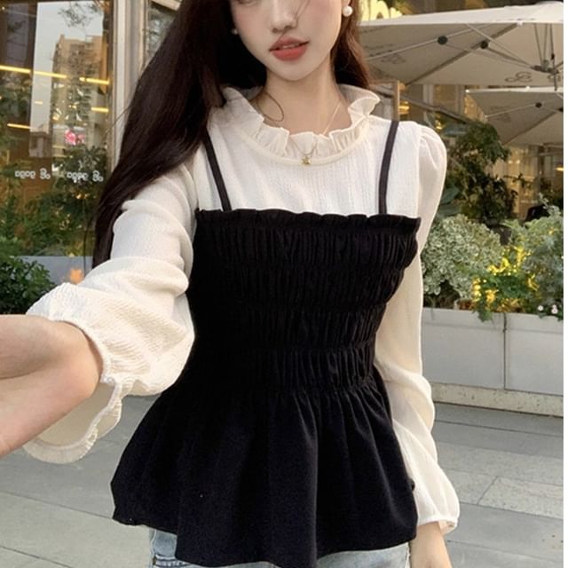 Two-Tone Frill Smocked Blouse with Stand Collar