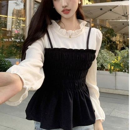 Two-Tone Frill Smocked Blouse with Stand Collar