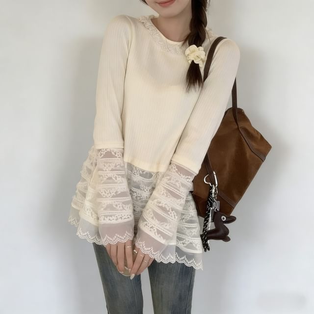 Ribbed Crew Neck Tee with Lace Insets
