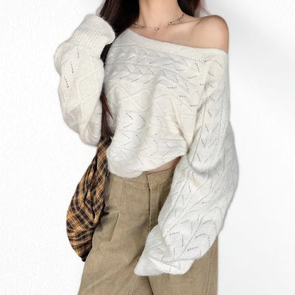 Off-Shoulder Cable Knit Cropped Sweater