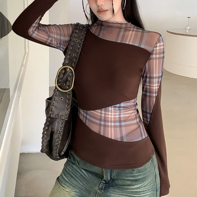 High Neck Plaid Panel Long Sleeve Top