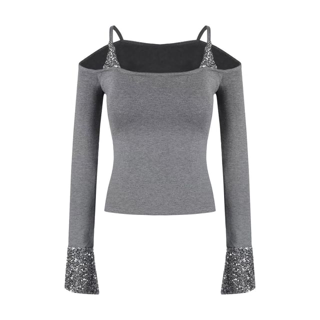 Sequin Panel Cold Shoulder Crop Tee