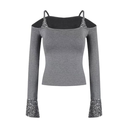 Sequin Panel Cold Shoulder Crop Tee