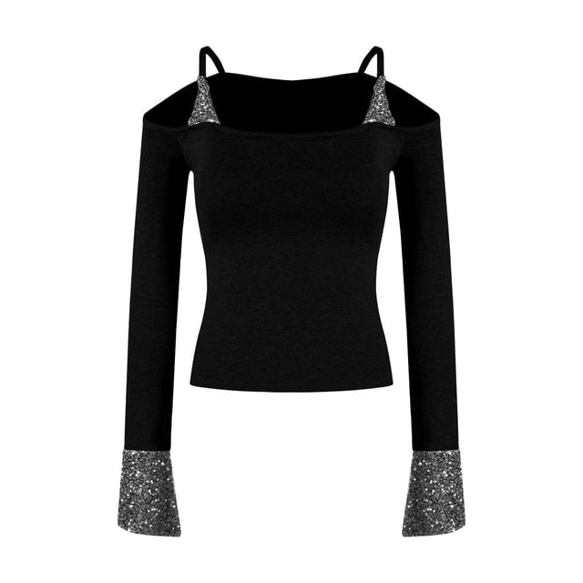 Sequin Panel Cold Shoulder Crop Tee