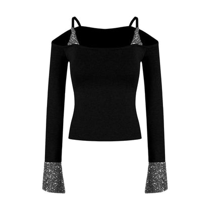Sequin Panel Cold Shoulder Crop Tee