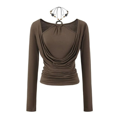 Beaded Halter Neck Fitted Tee with Long Sleeves