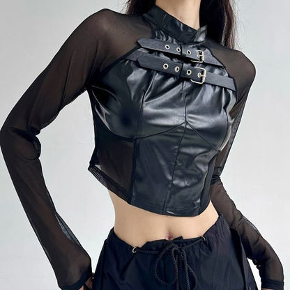 Faux Leather Buckle Crop Top with Mesh Panels