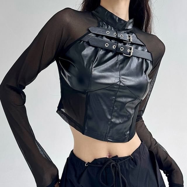 Faux Leather Buckle Crop Top with Mesh Panels