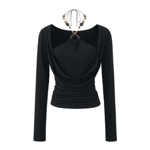 Beaded Halter Neck Fitted Tee with Long Sleeves