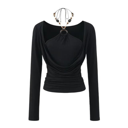 Beaded Halter Neck Fitted Tee with Long Sleeves