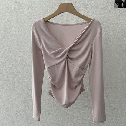 Ruched V-Neck Fitted Long Sleeve Tee