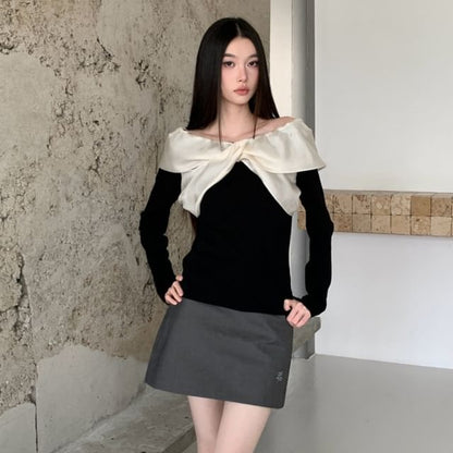 Two Tone Knit Long Sleeve Boatneck Top and Mini Skirt Set