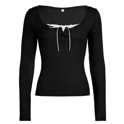 Half Button Mock Wrap Top Long Sleeve