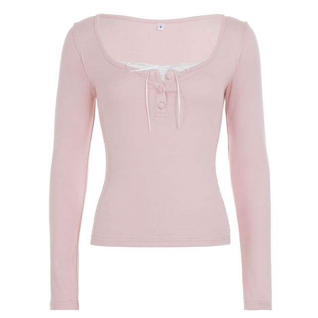 Half Button Mock Wrap Top Long Sleeve