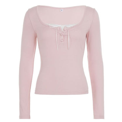 Half Button Mock Wrap Top Long Sleeve