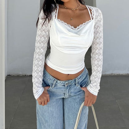 Lace-Trimmed V-Neck Cropped Long-Sleeve Tee