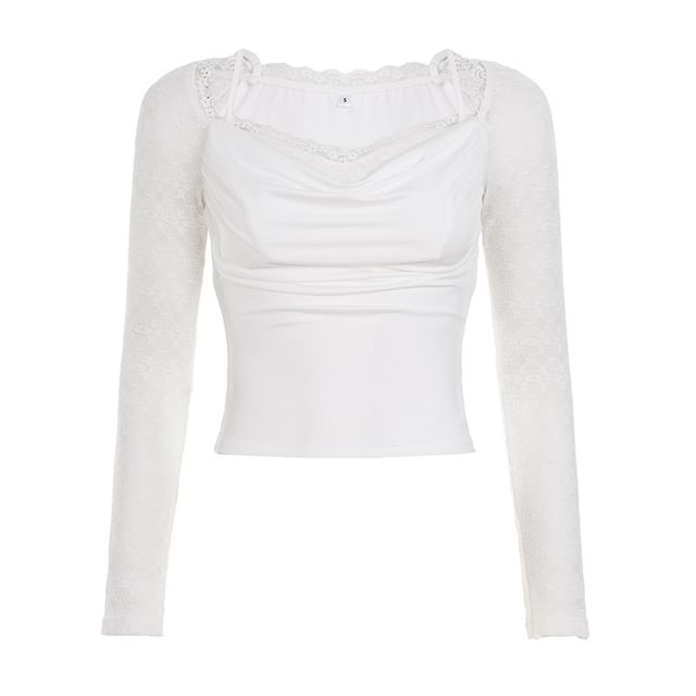 Lace-Trimmed V-Neck Cropped Long-Sleeve Tee