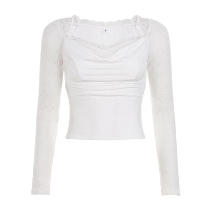 Lace-Trimmed V-Neck Cropped Long-Sleeve Tee