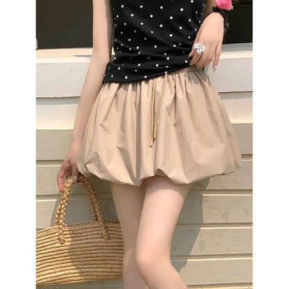 Drawstring Mini A-Line Skirt in Plain Solid