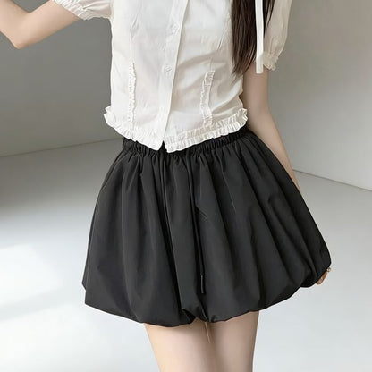 Drawstring Mini A-Line Skirt in Plain Solid