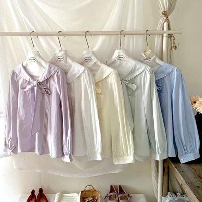 Pintuck Blouse with Tie Neck and Long Sleeves in Solid Hue