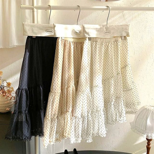 Dotted Tiered Asymmetrical Mesh A-Line Skirt High Waist