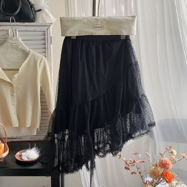 Dotted Tiered Asymmetrical Mesh A-Line Skirt High Waist