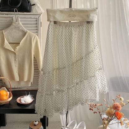 Dotted Tiered Asymmetrical Mesh A-Line Skirt High Waist