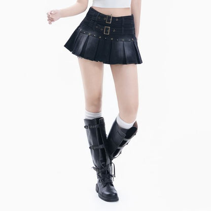 Washed Belted Pleated Mini A-Line Denim Skirt High Waist
