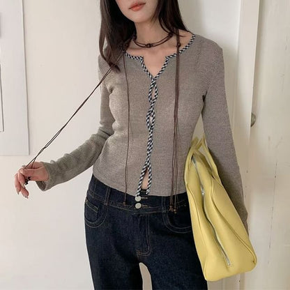 Plaid Trim Slit Long Sleeve Top