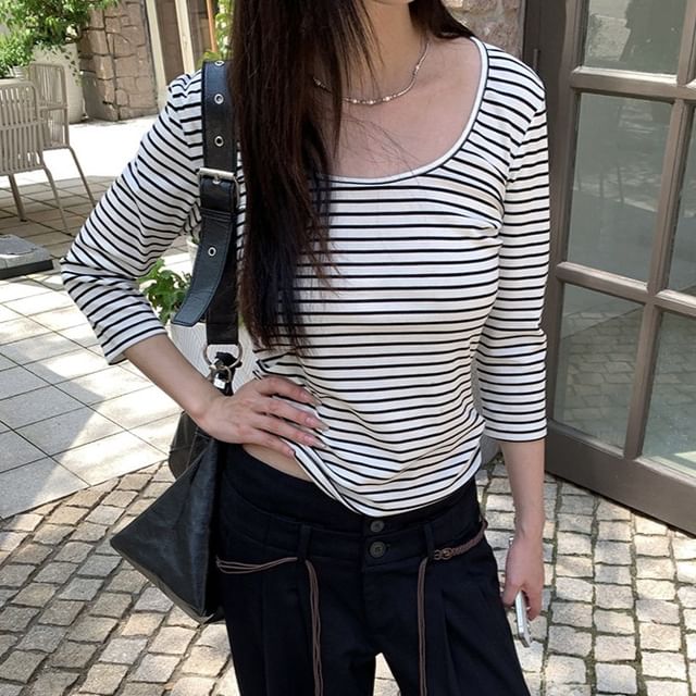 Striped Scoop Neck Tee with Three-Quarter Sleeves