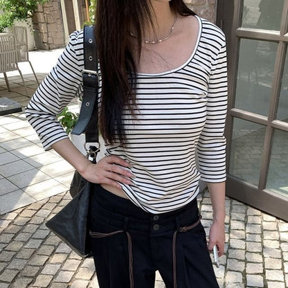 Striped Scoop Neck Tee with Three-Quarter Sleeves