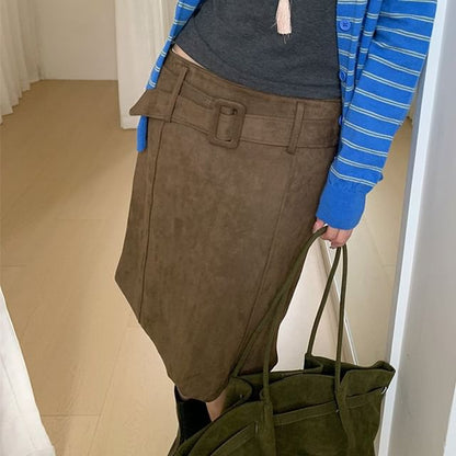 Belted Faux Suede Midi A-Line Skirt Low Waist