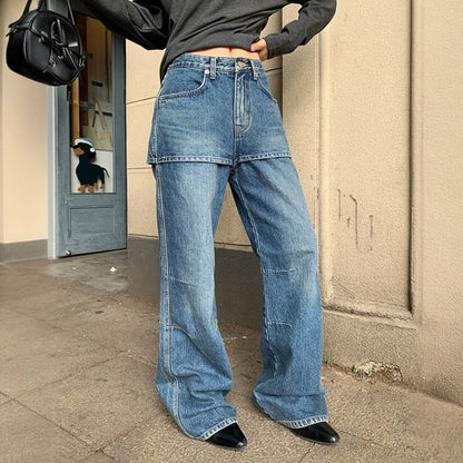 Skirt Overlay Flared Jeans Mid Rise Washed